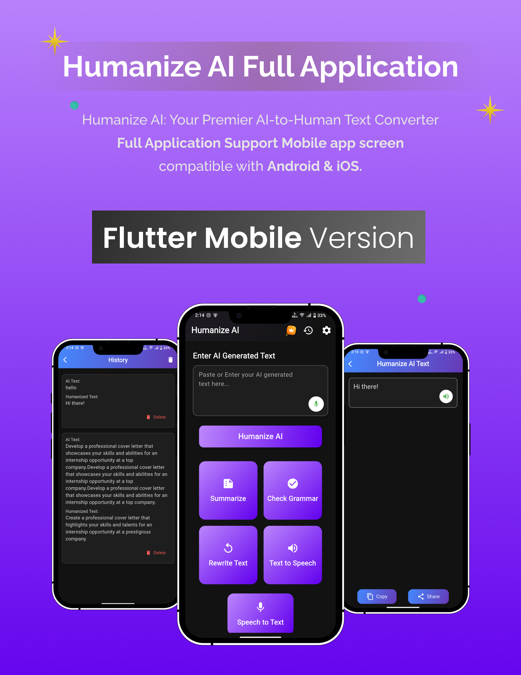 Humanize AI | Summarize AI | Flutter Android/iOS Full Application | ADMOB | Premium Plans - 3